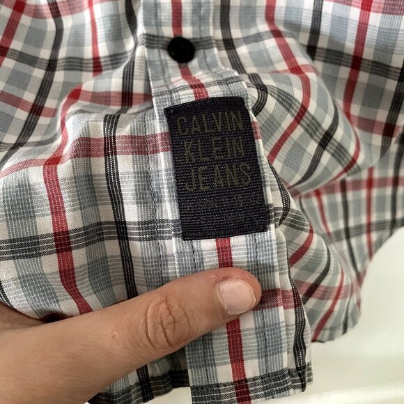 Calvin Klein Jeans red blue black checkered full button down short sleeve cotton - Picture 5 of 6